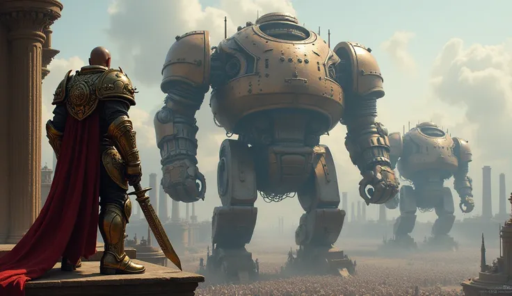 ((best quality)), ((masterpiece)), (detailed), a warlord stands with his back to a balcony facing an army of giant steampunk colossus