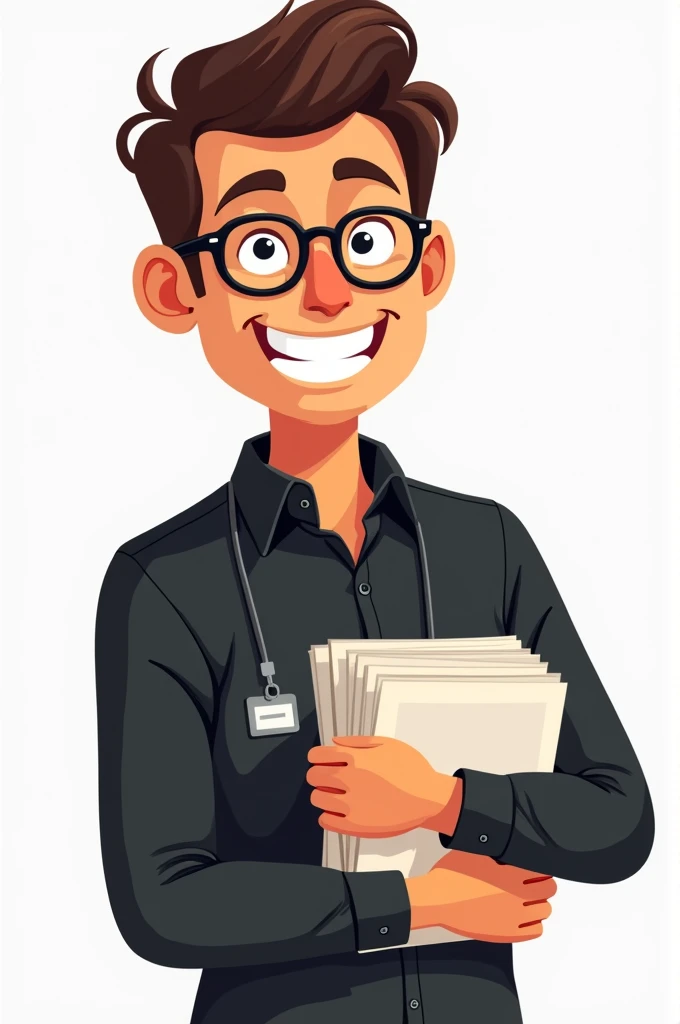 a cartoon man wearing a long black shirt,  smiling face, wearing glasses, wearing an ID card around his neck, carrying several documents in his hand which are held close to his chest.