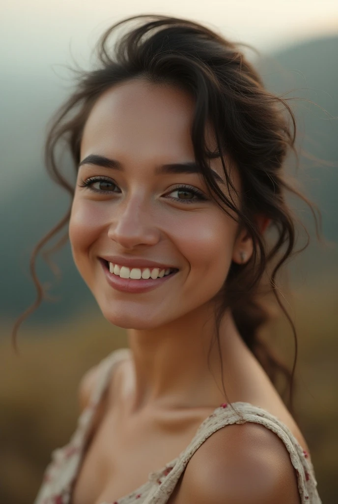 une fille de 29 ans, fanny assise, sourire , (Style nature morte ), visages ultra réalistes, photoréalisme ,photo RAW , Plein Sharp, (FullHD fond décran épique), 8k uhd, reflex numérique, éclairage doux, haute qualité, grain de film, Fujifilm XT3 