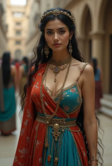 Photo of a beautiful Iranian girl in the time of the Sassanids, antiquity, Iranian art, architecture of the Sassanids and Achaemenids, Achaemenid dress, ancient architecture, vibrant Iranian colors, beautiful face, limbs and pleated face, open front dress,...