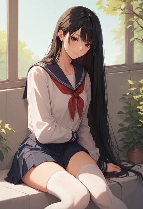 score_9, score_8_up, score_7_up, score_6_up, score_5_up, score_4_up, (masterpiece, best quality), nari, black eyes, black hair, long hair,school uniform, white thighhighs, light smile,