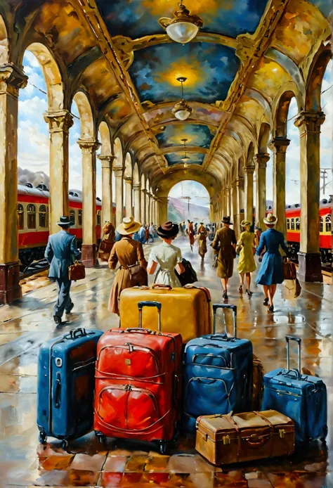 masterpiece,  extra detailed , oil painting, Surrealism,  peron station with wagons and trains ,  there are a couple of tourist suitcases on wheels,  people of different sizes ,  run to their trains ,  hot summer evening 