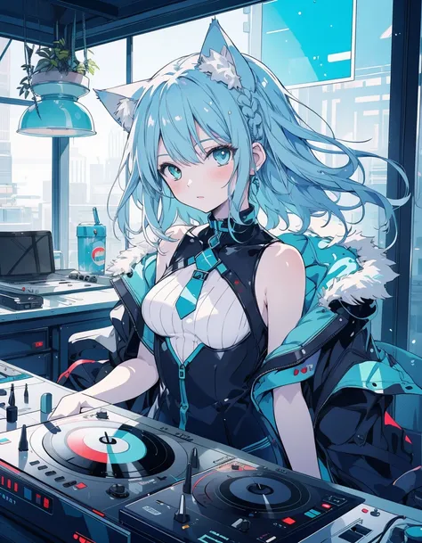 DJ, 4K, cat ear, pale skin, medium breasts, aqua colored eyes, blue and aqua color hair, masterpeice, high quality illustration, digital art,