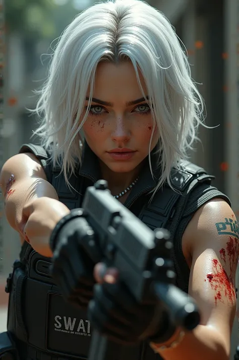 Photorealistic, high resolution, 1womanl, Solo, Hips up, view the viewer, (Detailed face), White hair, SWAT vests, Gun, jewelry, blood splashed