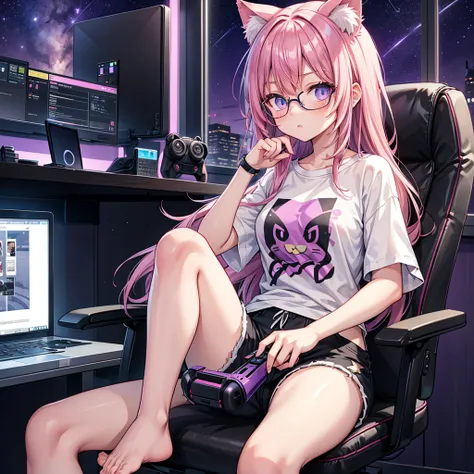 lonely cat girl with pink hair she is wearing glasses beautiful eyes and clothes beautiful black t-shirt beautiful shorts and sitting a gaming and video game chair behind her laptop near the window night stars purple sky behind her