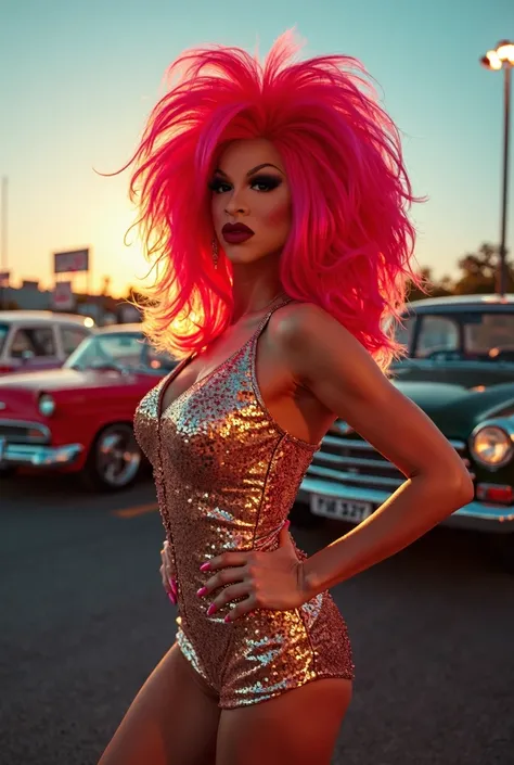 A drag queen with an extravagant sequin outfit and a vibrant-colored wig, standing in an outdoor parking lot at sunset with a few vintage cars around. Intense lighting and vibrant colors create a festive atmosphere, cinematic style, like a scene from a mov...