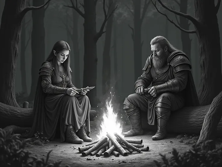 Dark Fantasy Style Image all in Black and White> In a Camp around the Campfire are sitting on fallen tree trunks on the ground. A beautiful Elf woman in armor and next to her a small Halfling in a hood sharpening a dagger, and on the other side of them a b...