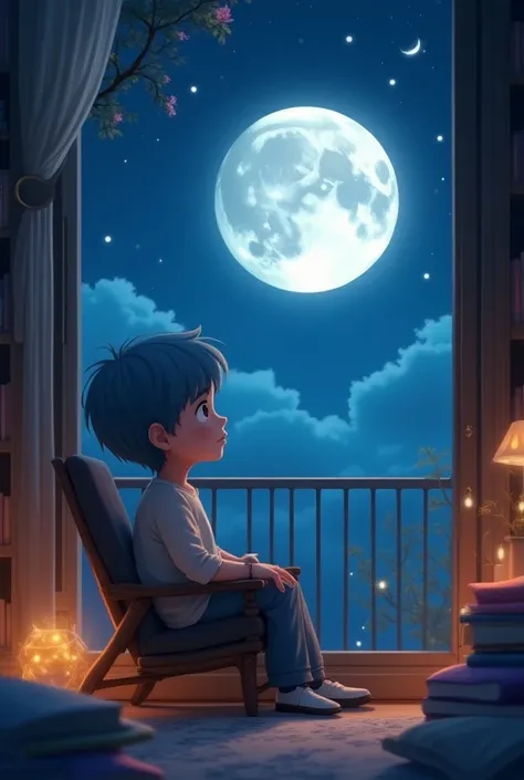 Picture an animated sky blue long-haired elementary 5 ~ middle 2 boy sitting in a chair and looking at the moon