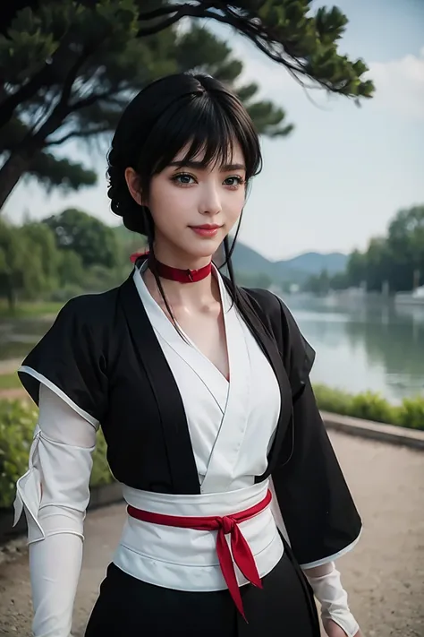 he, Black Hair ,bangs, single braided ,green eyes,
 Black Kimono,Gloves, Red Choker ,    
smile,
 is standing, upper body,
Edo period,Outdoor,
( Very Detailed, masterpiece, Best Quality),