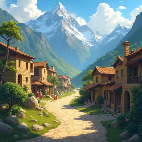 A beautiful village and mountains in the village and a beautiful road and village house on the road site made of mud and the sun in the sky