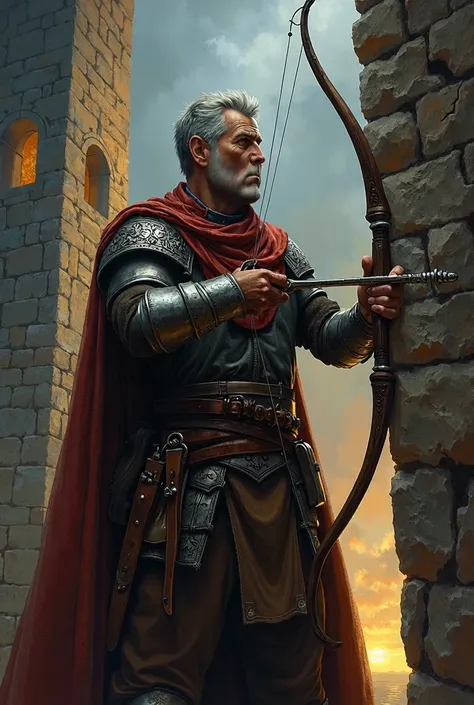  Oil painting in a medieval style ,  representing a vigilant crossbowman in a watchtower, holding a loaded crossbow ,  in an atmosphere of chiaroscuro and dark fantasy 