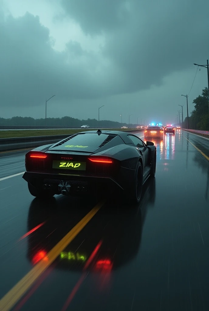 Armored black car with rocket engine from behind and big red lights in the highway chase by the police in rainy clouded day dark aura ziad word written in car back panel by green light in cyberpunk age