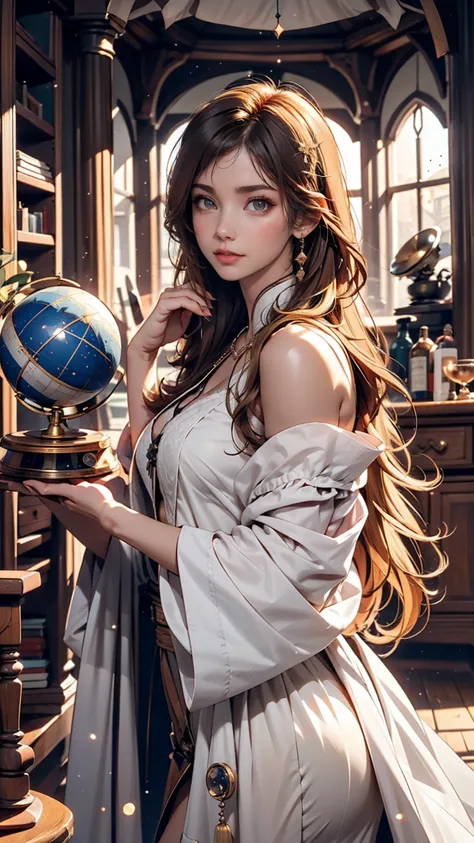 24 year old Caucasian female、Blonde、 long lashes、Eye Makeup、 lip gloss、 15th Century Western Astronomers、 Galileo Astronomical Telescope 、globe、15th Century Building Interior 