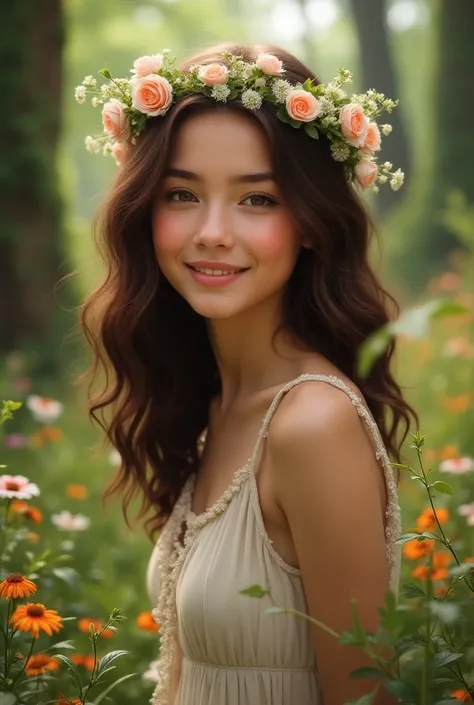  an image of a real girl, curly haired brunette, with a flower tiara , in a natural environment. 