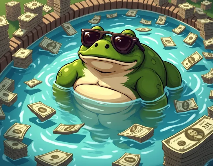 anime style , yellow frog , sun glasses , masculine frog , pepe frog meme , Pool full of money , money as water , meme style , carton anime theme