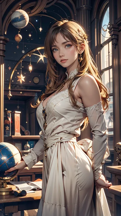 24 year old Caucasian female、Blonde、 long lashes、Eye Makeup、 lip gloss、 15th Century Western Astronomers、 Galileo Astronomical Telescope 、globe、15th Century Building Interior 