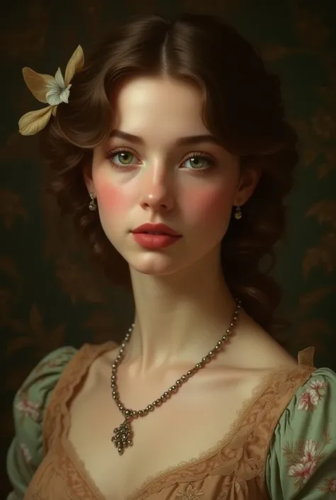 ((best quality, 4k, 8k, high resolution, masterpiece: 1.2), ultra-detailed, (realistic painting, photorealistic, photorealistic: 1.37), In the portrait of this charming Polish princess with full red lips and round face, wearing a single necklace made of sm...