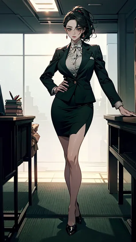 nsfw, (Best quality, 4K, high resolution, masterpiece:1.2), ultra-detailed, realistic (photo-realistic:1.37), 34 years old, Japanese office lady, (wearing dark green blazer jacket over a crisp white blouse pair with dark green short pencil skirt with front...