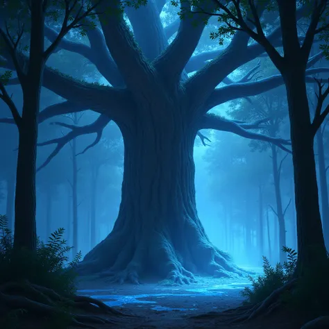 Light in the Forest, On a starry night, an ancient giant tree in the forest is surrounded by mysterious blue light, as if it were the guardian of the forest. Starlight penetrates through the leaves and interweaves with blue light, creating a mysterious and...