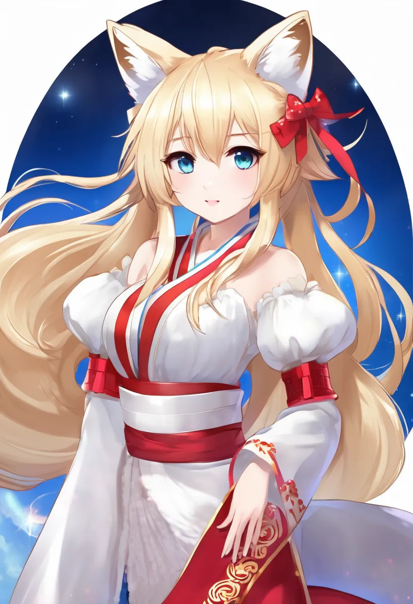 ผมบลอนด์,fox girl solo big fluffy fox tails blue eyes with big breasts มิโกะ เทพธิดาจิ้งจอก shine shrine maiden costume blonde h...