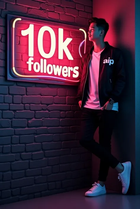 "Design a 10k followers name signature logo attached to a textured brick wall. The signature should be surrounded by soft, colorful neon lights. The background is dark and moody, adding to the glow of the lights. Next to the signature, includes a  a stylis...