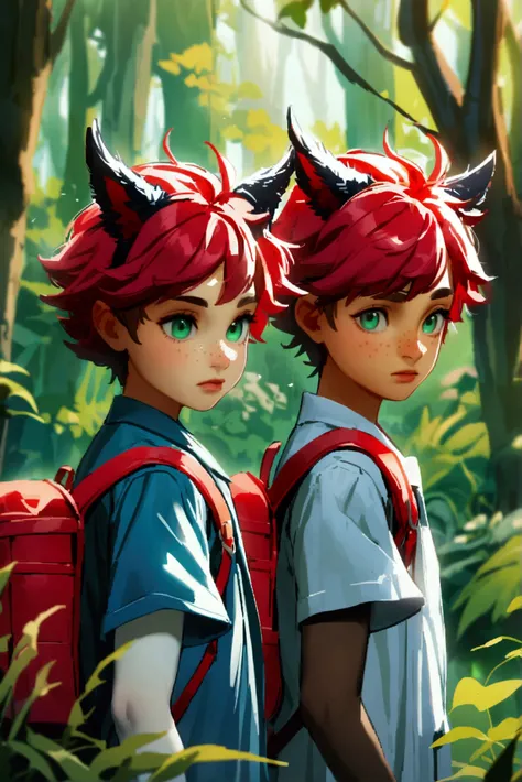 Urshifu With a boy with dark red hair, dark green eyes, a red backpack, and white skin, and freckles on his face, the two are in a forest.