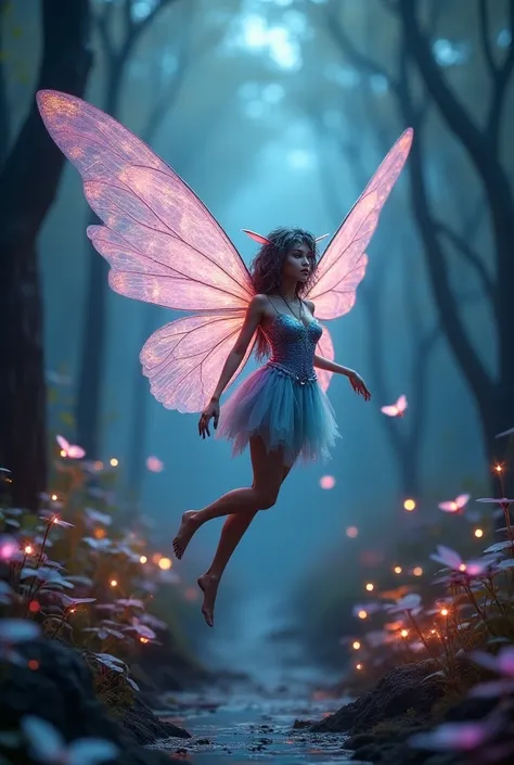 Create an image of a fantastical hybrid creature called the "Techno Fairy," which combines the enchanting features of a fairy with advanced technological elements. The Techno Fairy has delicate, translucent wings that resemble intricate circuit boards, glo...