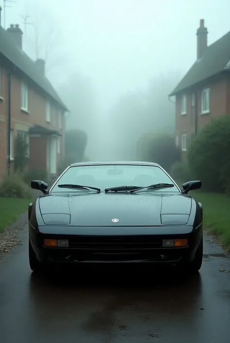 A photograph taken on Ektachrome 64, of a black classic Jaguar XJ 220 on foggy day in English old village, full car view, in the 1980s, nostalgic feel, ambiguous spaces, candid, timeless elegance --ar 9:16 --v 6.0