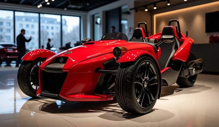 2025 can am Ryker 4 wheeler exterior front rear right angle review Open car lights 100% Real images unleashed in showroom Red colour high quality medium resolution and name and Logo show on the car 