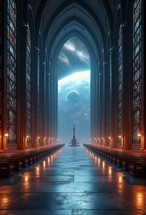 "In a grand, diagonally angled view of the cathedral’s hallway, massive Gothic-mechanical windows on the side walls showcase a cosmic panorama, with planets, stars, and interstellar dust drifting in deep space. Each window frames this celestial backdrop, c...