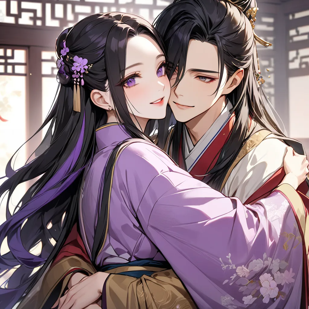 both physically and mentally, the woman of the ancient chinese empress has beautiful black hair with purple gradation color koch...