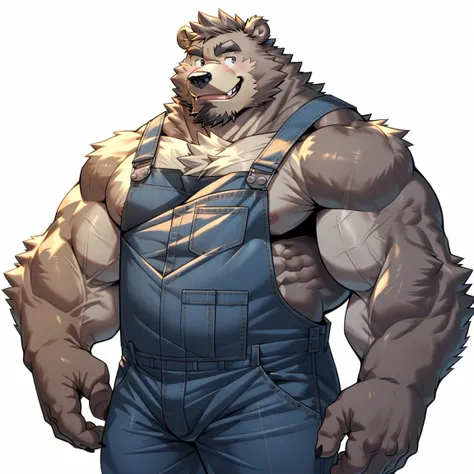 masterpiece，alone , (Muscular), (male human bear)，Overall pants ,hairy，shirtless，fur，male，strong，Mature male，Detailed eyes, smile，white background，Inspired by Takemoto