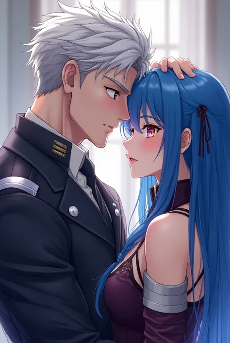 Athletic guy, silver hair, purple eyes, stroking a military girl on the head, she has blue hair, long hair, orange eyes. Beautiful clothes. High quality. Anime character