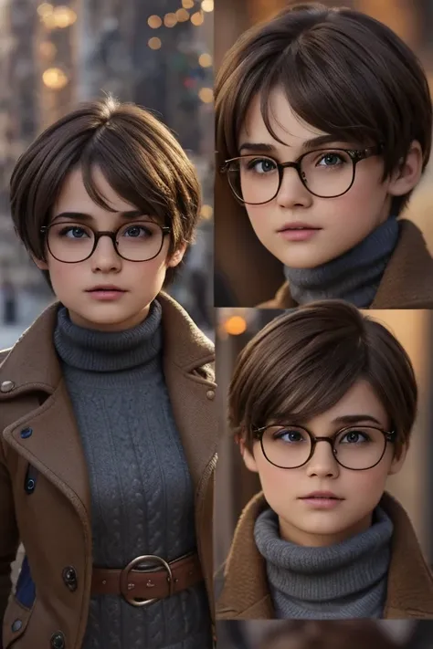  1 beautiful russian tomboy girl, like a teenager, rounded face, extremelly small breast,

realistic dishevelled short sheggy dark brown hair, cut pixie hairstyle,

realistic beautiful brown eyes, glasses,

Multiple Poses and Expression, 

Dark grey wool t...