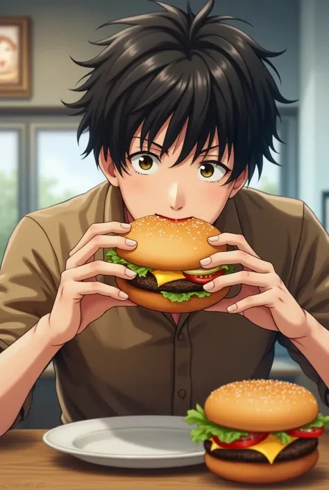 Eisen Susuke eats a burger