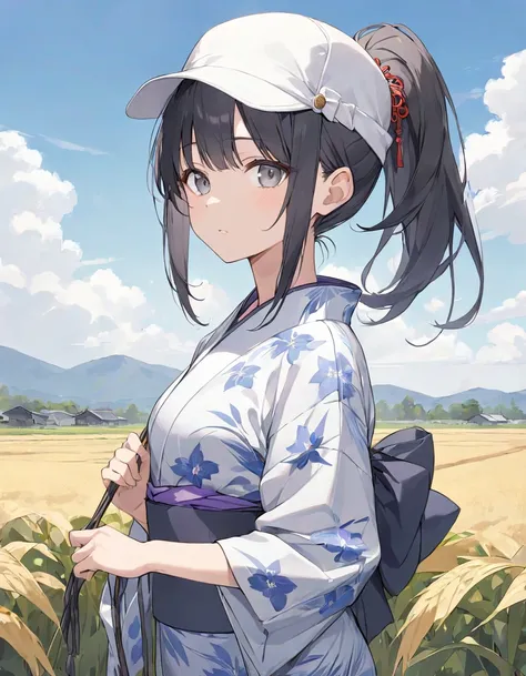 girl,Put on a yukata ,Black hair,In the grey eyes,, tie a ponytail cap.,thin,farmer