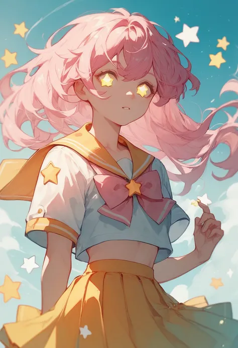 pink hair anime girl with half light green , eye color light yellow, white stars in eyes, sailor suit With light yellow skirt 