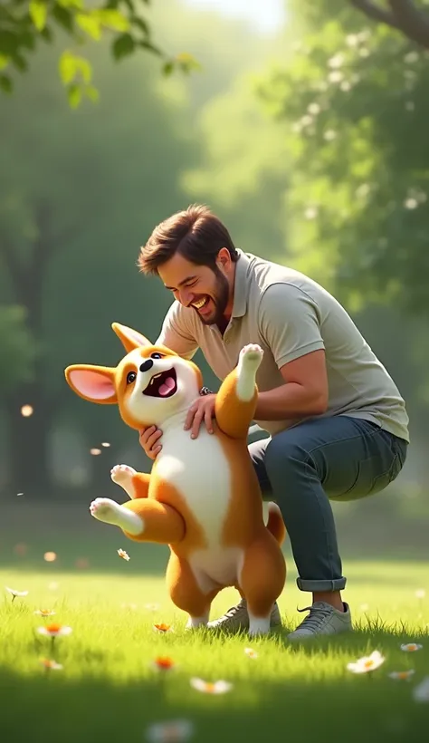  corgi playing with its owner turning upside down on the park lawn showing its stomach。飼い主とじゃれ合っている。Realistic depiction