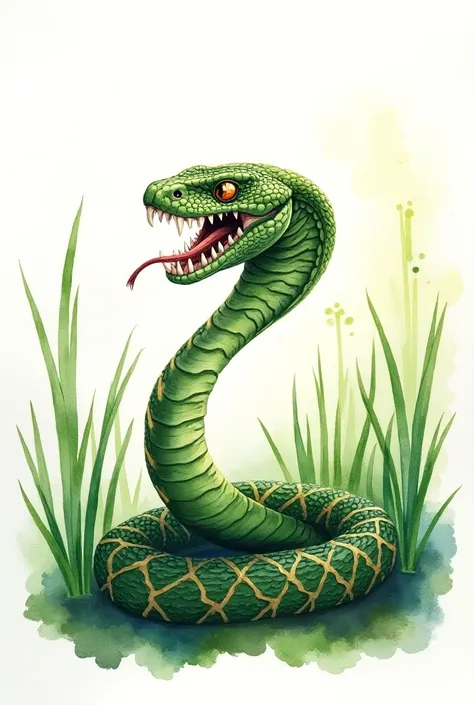 an image of a venomous snake in the grass , with shade,  drawing in watercolor paint in the middle of a white canvas