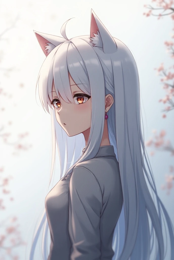 1girl, Solo, Detail, High Quality, Accurate, Long Hair, White Hair, Breasts, Cat Ears, Earrings, Closed Mouth, Multicolored Eyes, From Side, Feet Out Of Frame, Simple background, Hair Clip, Blurry, Anime Style, Anime, 