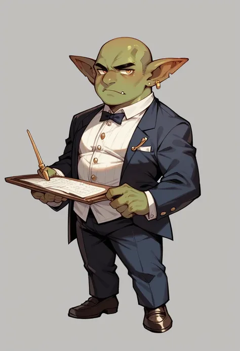 1man, gray background, full body, goblin, butler, jewelery