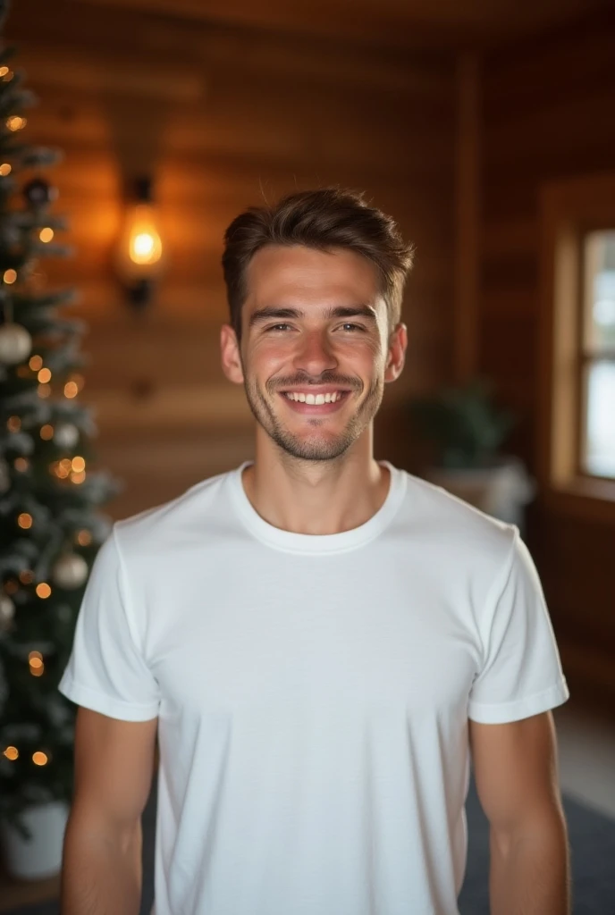  In Photo-Imaging of professional photorealistic images, ( Christmas cabin interior background), ( wearing a medium white t-shirt, circular neck) A cute 25-year-old man with short hair smiling, cheerful atmosphere 
