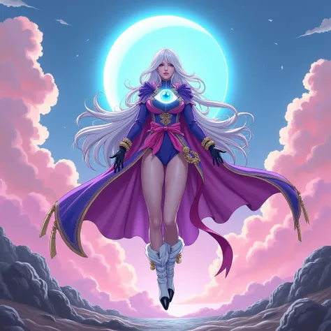  Large breasted woman with long white hair ,  that is floating in an upright pose .  She has a bright circular object with an eye in the center floating above your head.  She wears a predominantly purple and pink outfit with details in gold and white .  Th...