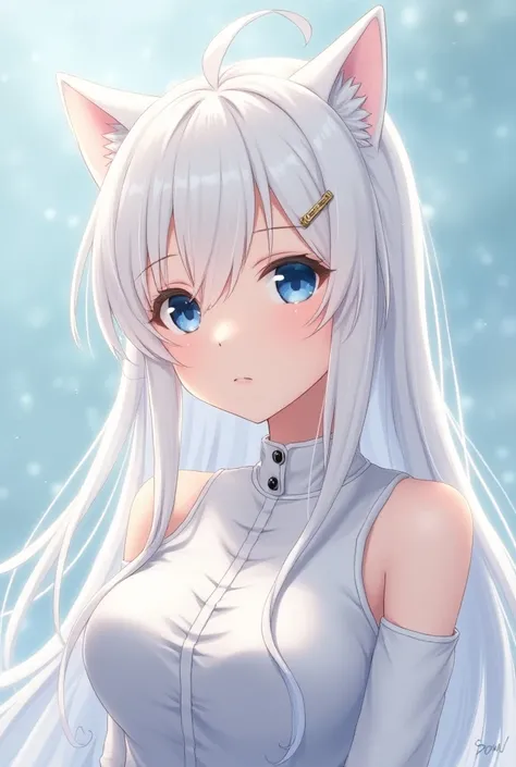 1girl, Solo, Detail, High Quality, Accurate, Long Hair, White Hair, Breasts, Cat Ears, Earrings, Closed Mouth, Dark White Colored Eyes, From Side, Feet Out Of Frame, Simple background, Hair Clip, Blurry, Anime Style, Anime, 