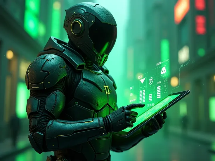  Create a high-quality 3D banner ,  with a hyper-realistic texture inspired by the graphics of the latest generation games,  using shades of neon green and black .  The image must show a detailed futuristic character ,  in shiny armor with metallic texture...