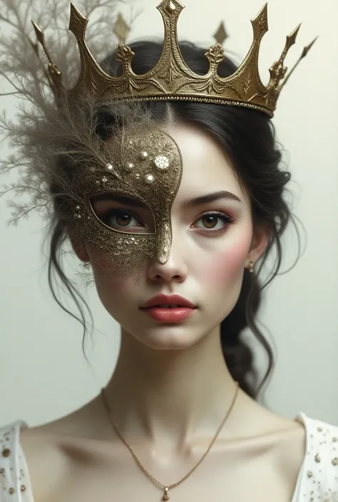 I wanna sketch like women wearing a crown and one side of her face turning crown in to a mask and wanna crown and mask blend together only one side of face wanna mask and other side wanna be normal