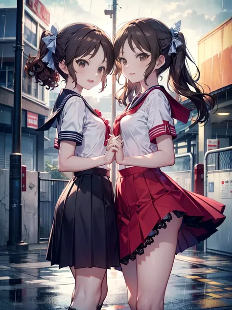 (masterpiece), 4K, twin sisters ,2 people, short stature ,Sailor suit , small breasts, long brown hair , curly twin tails,大rain,Realistic,  laughing, skinny,(( Lace Flared Skirt)), ((rain)),,School Gate Front ,Strong winds,Lace knee socks,( panties visible...