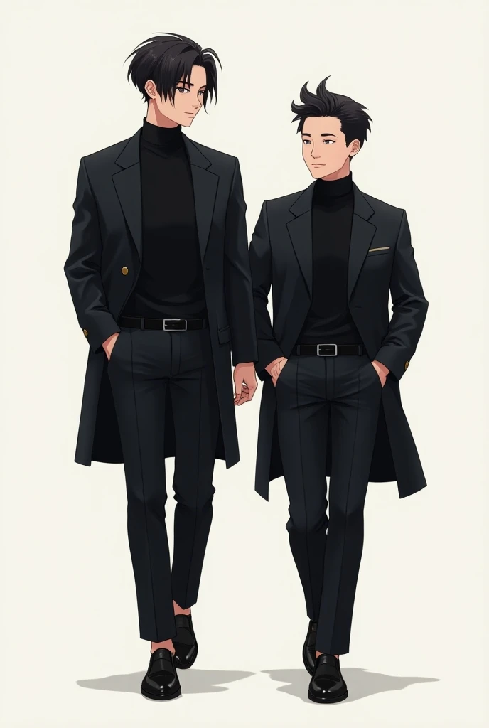 Anime,cartoon,Men 2,Korean Hairstyles,, the big one pierced the little black ears , the little one, the hair like a gimin,Put on a black suit , black slacks , black leather shoes , make a walking pose 