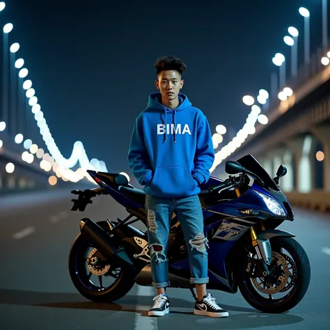  Professional photography featuring a handsome Korean man with spiky undercut hair,  posing next to an xz600cc kawasaki "ninja" sport bike  , wearing a blue hoodie that says  "BIMA",  wearing ripped model jeans and shoes from Jordan  ,  against a backdrop ...