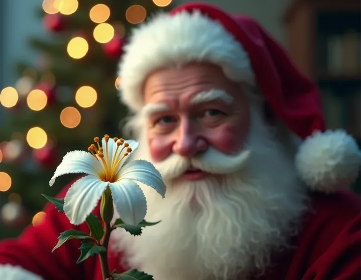  realistic photo of a Christmas Eve flower in the foreground and in the background the face of Santa Claus, in the background an illuminated but blurred Christmas tree 